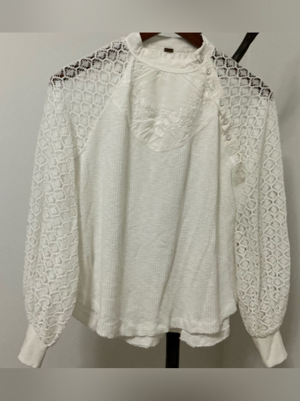 Free People Sweetest Thing White Lace Sleeve Button-Shoulder Thermal Top